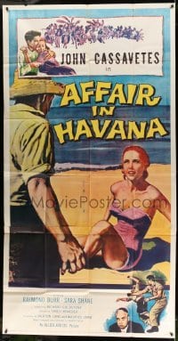 5w246 AFFAIR IN HAVANA 3sh '57 Cassavetes in Cuba, art of man approaching scared woman on beach!