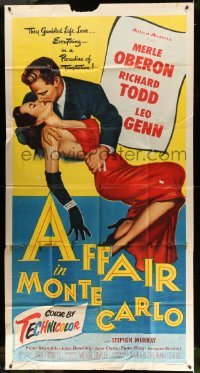 5w247 AFFAIR IN MONTE CARLO 3sh '53 full-length sexy Merle Oberon embraced by Richard Todd!