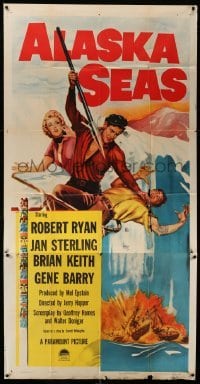 5w253 ALASKA SEAS 3sh '54 cool art of Robert Ryan attacking man with harpoon, Jan Sterling!