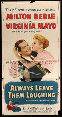 5w257 ALWAYS LEAVE THEM LAUGHING 3sh '49 great romantic image of Milton Berle & Virginia Mayo!