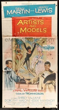5w271 ARTISTS & MODELS 3sh '55 Dean Martin & Jerry Lewis painting sexy Shirley MacLaine!