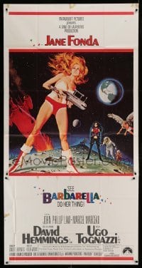 5w281 BARBARELLA 3sh '68 sexiest sci-fi art of Jane Fonda by Robert McGinnis, Roger Vadim!