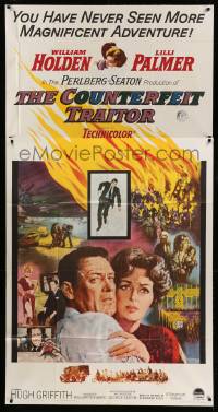 5w371 COUNTERFEIT TRAITOR 3sh '62 art of William Holden & Lilli Palmer by Howard Terpning!
