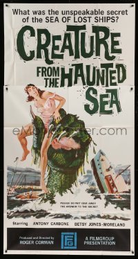 5w378 CREATURE FROM THE HAUNTED SEA 3sh '61 great art of monster's hand in sea grabbing sexy girl!
