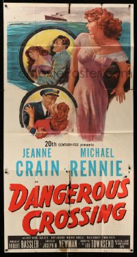 5w386 DANGEROUS CROSSING 3sh '53 art of sexy Jeanne Crain & Michael Rennie at sea!