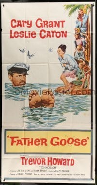 5w435 FATHER GOOSE 3sh '65 art of pretty Leslie Caron laughing at sea captain Cary Grant!