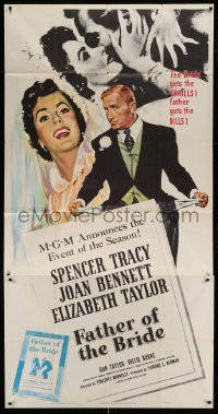 5w436 FATHER OF THE BRIDE 3sh '50 art of Liz Taylor in wedding gown & broke Spencer Tracy!