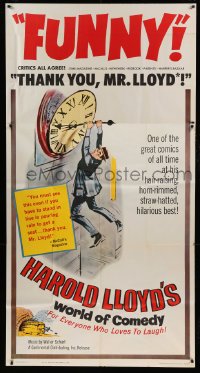 5w516 HAROLD LLOYD'S WORLD OF COMEDY 3sh '62 classic image hanging from clock from Safety Last!