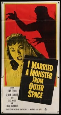 5w547 I MARRIED A MONSTER FROM OUTER SPACE 3sh '58 terrified Gloria Talbott & alien shadow!