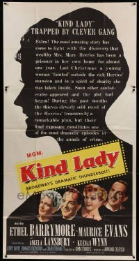 5w580 KIND LADY 3sh '51 John Sturges, Ethel Barrymore, Angela Lansbury, art of top cast!