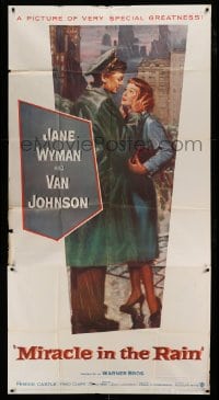 5w666 MIRACLE IN THE RAIN 3sh '56 great romantic art of Jane Wyman & Van Johnson!