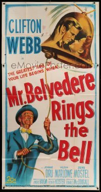 5w680 MR. BELVEDERE RINGS THE BELL 3sh '51 artwork of Clifton Webb & lovers in bell!
