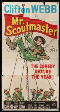 5w678 MR SCOUTMASTER 3sh '53 great artwork of Clifton Webb tied up by lots of Boy Scouts!