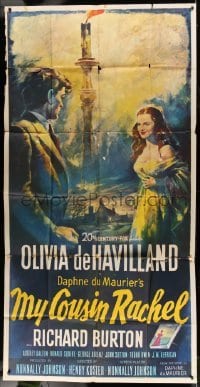 5w683 MY COUSIN RACHEL 3sh '53 artwork of pretty Olivia de Havilland & Richard Burton!