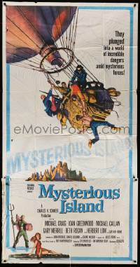 5w689 MYSTERIOUS ISLAND 3sh '61 Ray Harryhausen, Jules Verne sci-fi, cool hot-air balloon art!