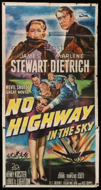 5w706 NO HIGHWAY IN THE SKY 3sh '51 art of James Stewart restrained & with sexy Marlene Dietrich!