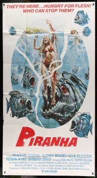 5w762 PIRANHA 3sh '78 Roger Corman, great art of man-eating fish & sexy girl by Bob Larkin!