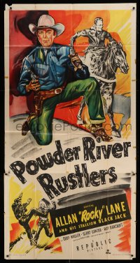 5w774 POWDER RIVER RUSTLERS 3sh '49 cowboy Rocky Lane stops a fake railroad agent, cool art, rare!