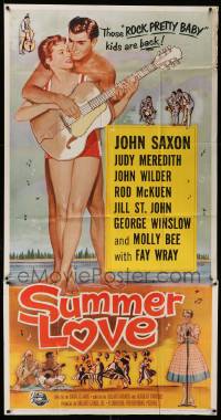 5w895 SUMMER LOVE 3sh '58 very young John Saxon plays guitar with pretty girl on beach!