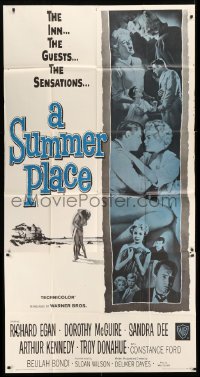 5w896 SUMMER PLACE 3sh R63 Sandra Dee & Troy Donahue in young lovers classic, cool cast montage!
