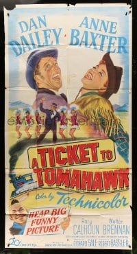 5w922 TICKET TO TOMAHAWK 3sh '50 great artwork of Dan Dailey & Anne Baxter singing over train!