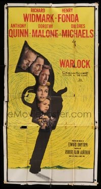 5w958 WARLOCK 3sh '59 cowboys Henry Fonda & Richard Widmark, cool revolver silhouette design!