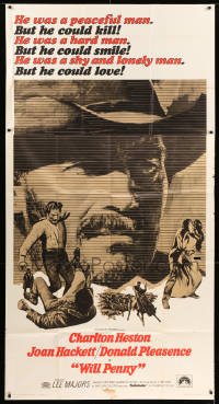 5w979 WILL PENNY 3sh '68 close up of cowboy Charlton Heston, Joan Hackett, Donald Pleasance