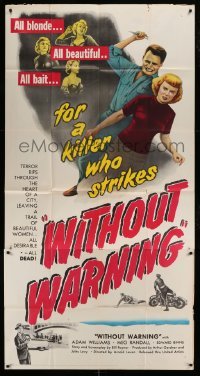 5w982 WITHOUT WARNING 3sh '52 artwork of the Love-Killer about to stab his victim!