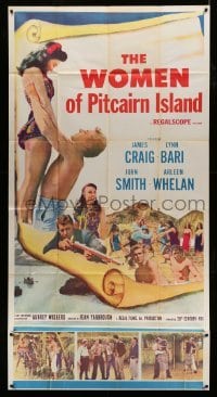 5w987 WOMEN OF PITCAIRN ISLAND 3sh '57 James Craig lifting sexy Lynn Bari in swimsuit, South Seas!
