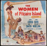 5w227 WOMEN OF PITCAIRN ISLAND 6sh '57 James Craig lifting sexy Lynn Bari in swimsuit, South Seas!