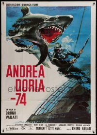 5w103 ANDREA DORIA - 74 Italian 1p '70 cool underwater art of shark attacking scuba diver!