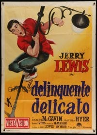 5w118 DELICATE DELINQUENT Italian 1p '58 teen-age terror Jerry Lewis hanging from street lamp!