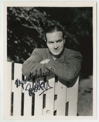 5y730 BOB HOPE signed 8x10 REPRO still '80s youthful close up of the comedian leaning on fence!