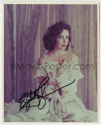 5y620 ELIZABETH TAYLOR signed color 8x10 REPRO still '80s sexy portrait in ruffled white dress!
