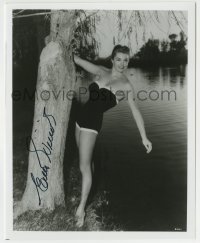 5y768 ESTHER WILLIAMS signed 8x10 REPRO still '80s sexy swimsuit portrait hanging on tree by lake!