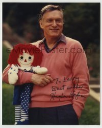 5y633 HUGH HEFNER signed color 8x10 REPRO still '90s the founder of Playboy with Raggedy Ann doll!