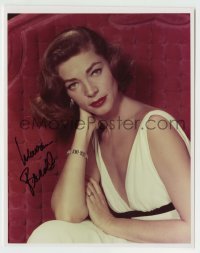 5y654 LAUREN BACALL signed color 8x10 REPRO still '80s close up portrait on couch in sexy dress!