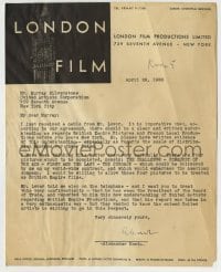 5y026 ALEXANDER KORDA signed letter '38 to United Artists about distributing 4 of his movies!