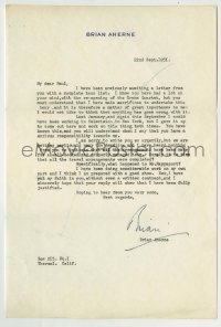 5y029 BRIAN AHERNE signed letter '51 to the person who arranged his tour, asking what happened!