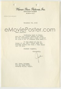 5y040 JACK WARNER signed letter '38 thanking Famous Artists agency head Charles Feldman!