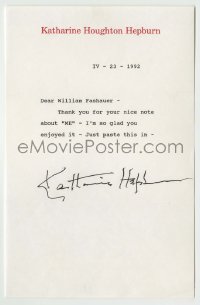 5y044 KATHARINE HEPBURN signed letter '92 telling fan he could paste her signature into her book!
