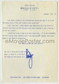5y045 RUDY VALLEE signed letter '75 sent to New Jersey fans & telling them he sent his book too!