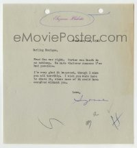 5y046 SUZANNE PLESHETTE signed letter '61 saying that Porter van Zandt is no schlump!