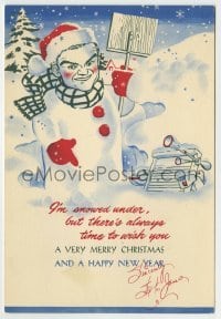 5y489 SPIKE JONES signed 6x8 Christmas card '30s great artwork of the bandleader as a snowman!