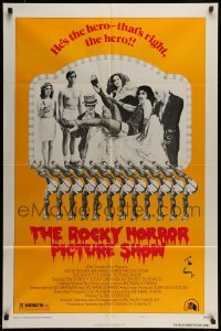 5y078 ROCKY HORROR PICTURE SHOW signed style B 1sh '75 by Tim Curry, he's the hero, that's right!
