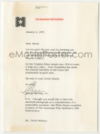 5y038 GEORGE STEVENS JR. signed 5x7 letter '78 thanking critic David Mallery for helping the AFI!