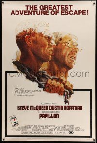 5z288 PAPILLON 40x60 '73 great art of prisoners Steve McQueen & Dustin Hoffman by Tom Jung!