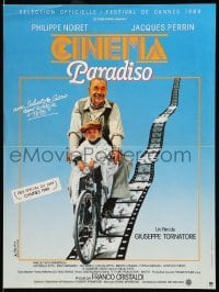 6a637 CINEMA PARADISO French 16x21 '89 great image of Philippe Noiret & Salvatore Cascio on bike!