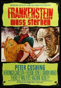 6a038 FRANKENSTEIN MUST BE DESTROYED German '70 art of Peter Cushing & his monster by Rolf Goetze!