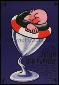6a852 100 GRAMM DLYA KHRABROSTI Polish 23x33 '77 Yasulovich, Flisak art of man sleeping in glass!
